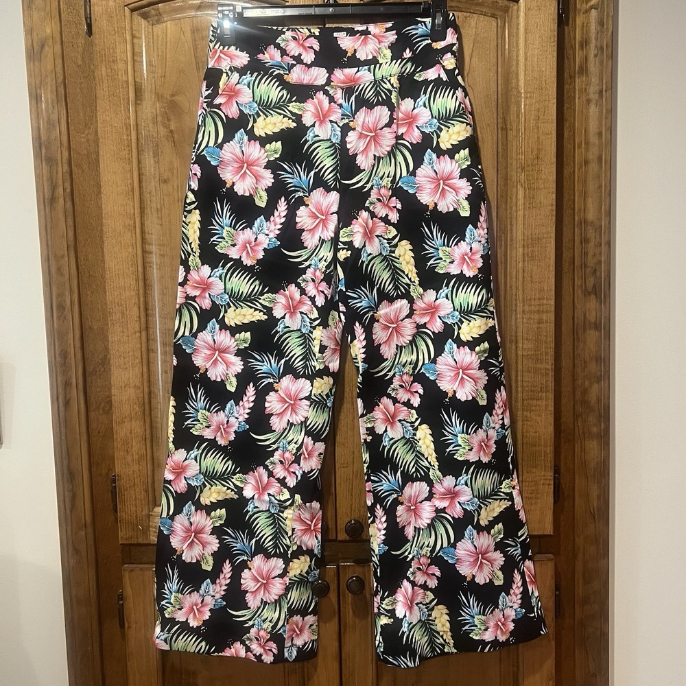 SSLR Women's Hibiscus High Rise Casual Wide Leg Floral Pants Black W29xL30 Hawai